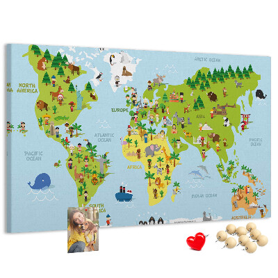 Nástenka Farebná mapa sveta s figúrkami zvierat.