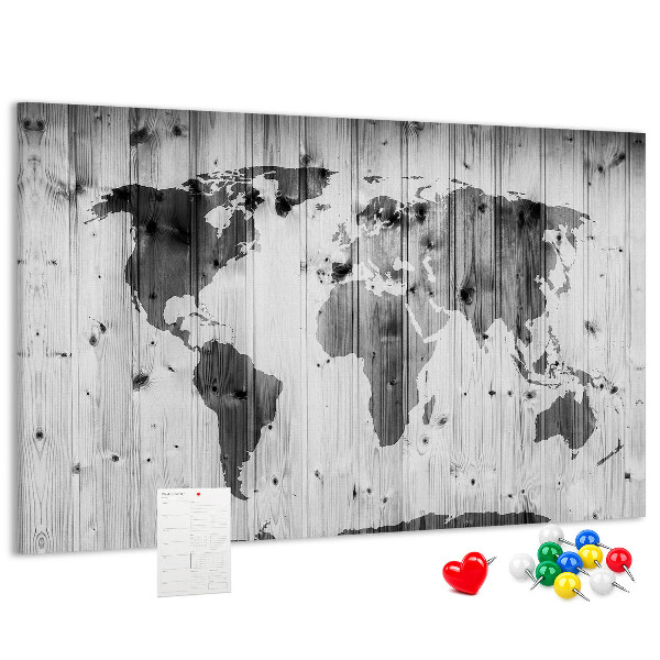Korková tabuľa Mapa sveta na pozadí drevených dosiek