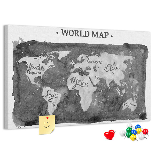 Korková nástenka na stenu Mapa sveta v odtieňoch sivej