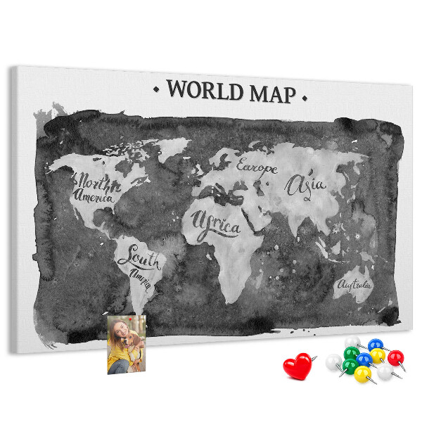 Korková nástenka na stenu Mapa sveta v odtieňoch sivej