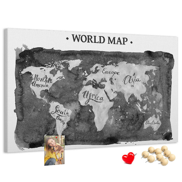 Korková nástenka na stenu Mapa sveta v odtieňoch sivej