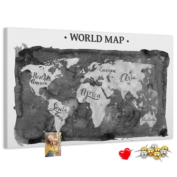 Korková nástenka na stenu Mapa sveta v odtieňoch sivej