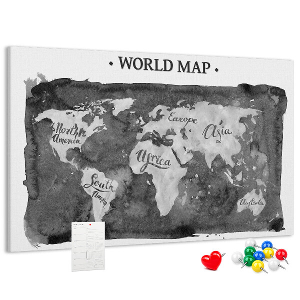 Korková nástenka na stenu Mapa sveta v odtieňoch sivej