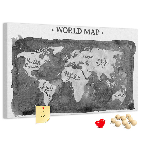 Korková nástenka na stenu Mapa sveta v odtieňoch sivej