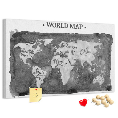 Korková nástenka na stenu Mapa sveta v odtieňoch sivej