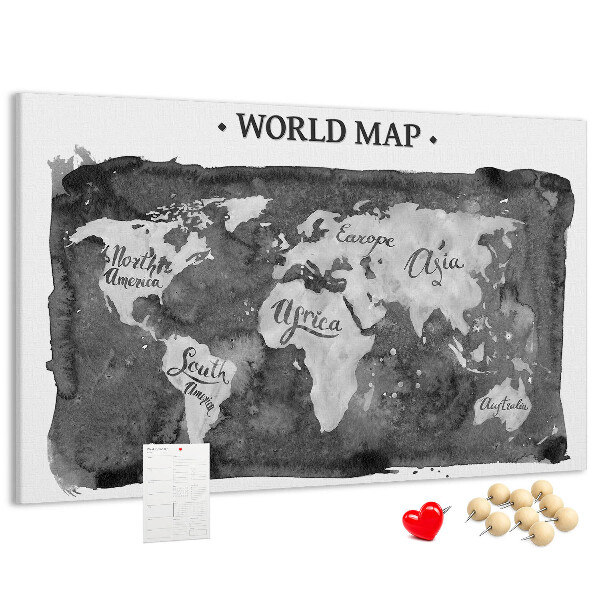 Korková nástenka na stenu Mapa sveta v odtieňoch sivej