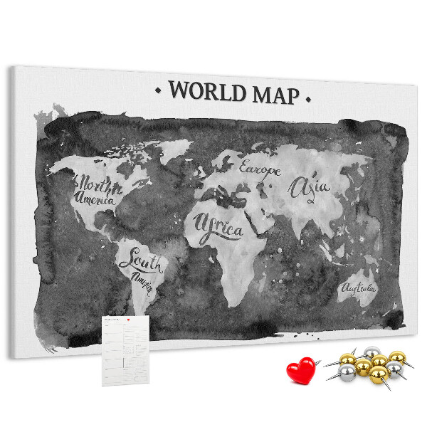 Korková nástenka na stenu Mapa sveta v odtieňoch sivej