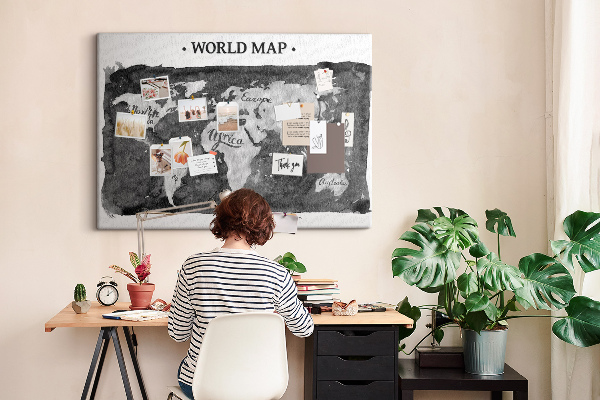 Korková nástenka na stenu Mapa sveta v odtieňoch sivej