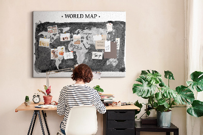 Korková nástenka na stenu Mapa sveta v odtieňoch sivej