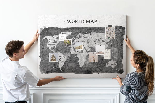 Korková nástenka na stenu Mapa sveta v odtieňoch sivej