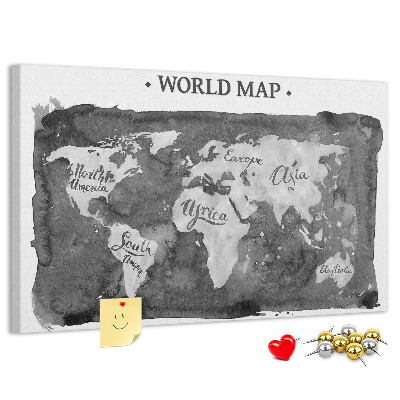Korková nástenka na stenu Mapa sveta v odtieňoch sivej