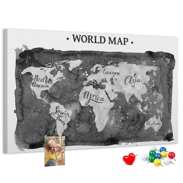Korková nástenka na stenu Mapa sveta v odtieňoch sivej