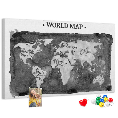 Korková nástenka na stenu Mapa sveta v odtieňoch sivej