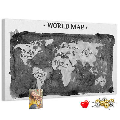 Korková nástenka na stenu Mapa sveta v odtieňoch sivej