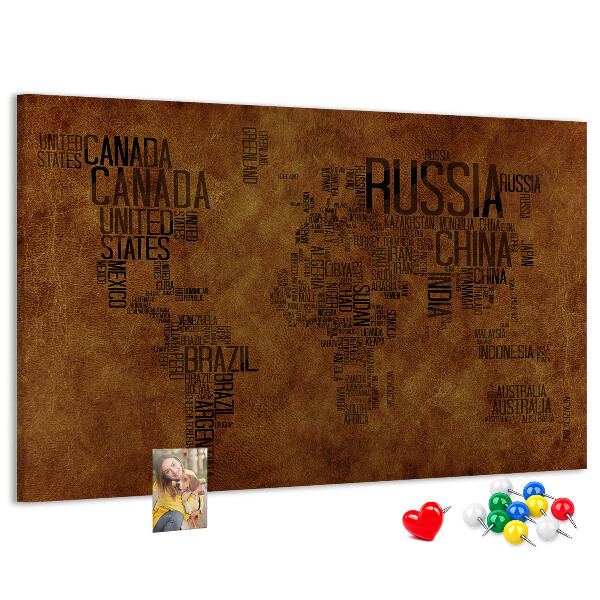 Korková nástenka na stenu Mapa sveta s názvami krajín.