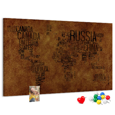 Korková nástenka na stenu Mapa sveta s názvami krajín.