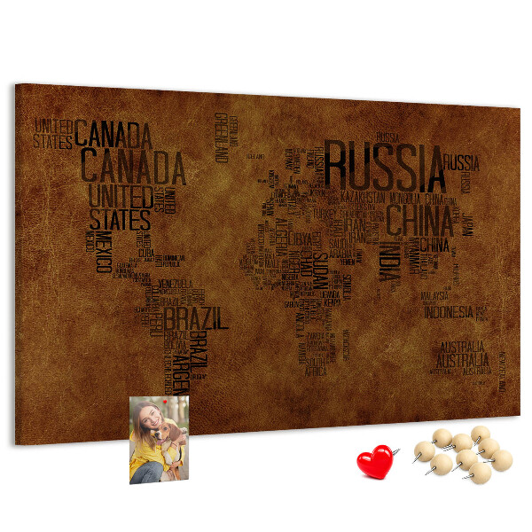 Korková nástenka na stenu Mapa sveta s názvami krajín.