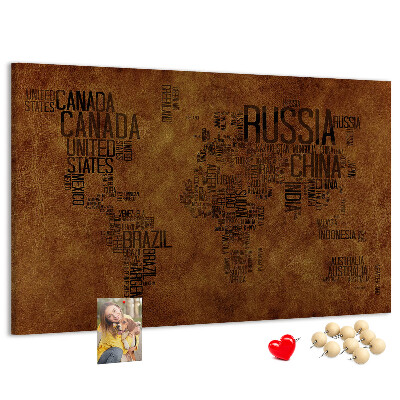 Korková nástenka na stenu Mapa sveta s názvami krajín.