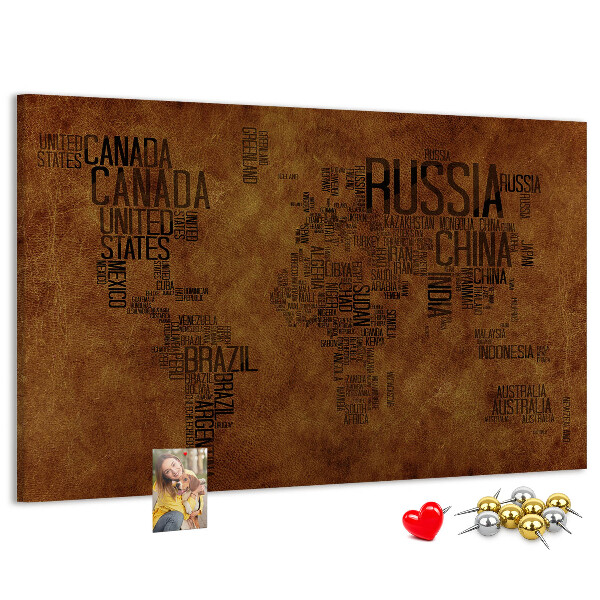 Korková nástenka na stenu Mapa sveta s názvami krajín.