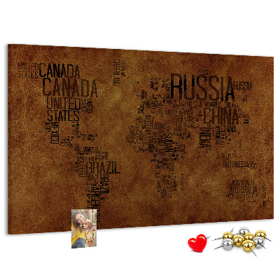 Korková nástenka na stenu Mapa sveta s názvami krajín.
