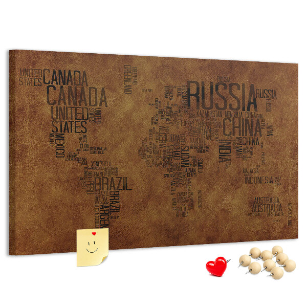 Korková nástenka na stenu Mapa sveta s názvami krajín.