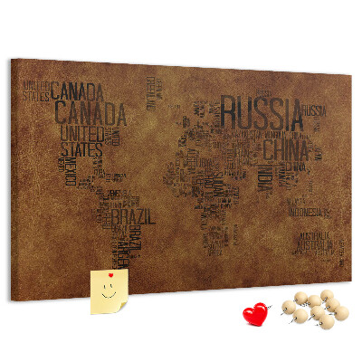 Korková nástenka na stenu Mapa sveta s názvami krajín.