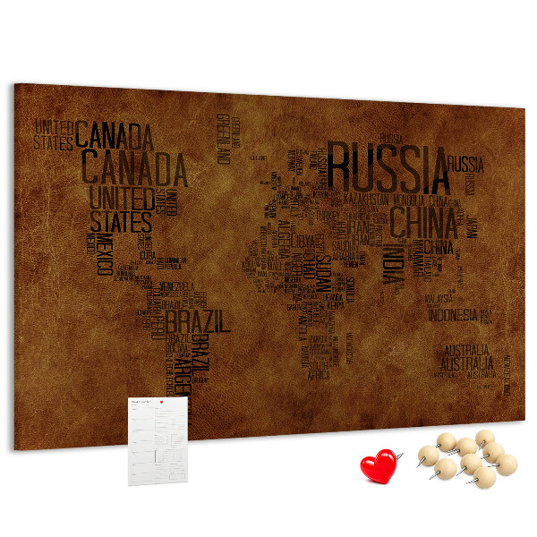 Korková nástenka na stenu Mapa sveta s názvami krajín.