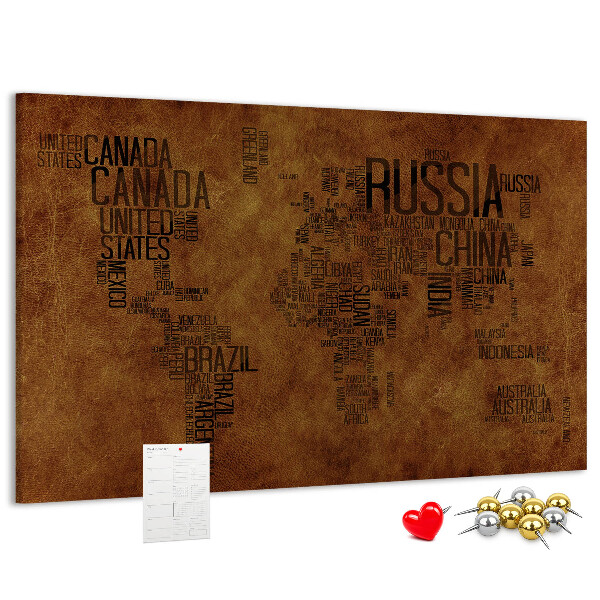 Korková nástenka na stenu Mapa sveta s názvami krajín.