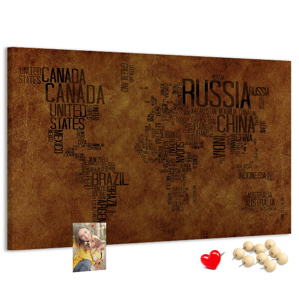 Korková nástenka na stenu Mapa sveta s názvami krajín.