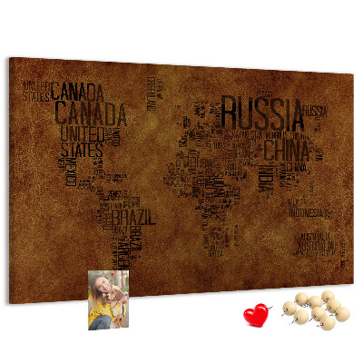 Korková nástenka na stenu Mapa sveta s názvami krajín.
