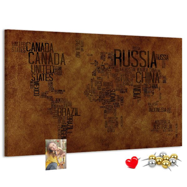 Korková nástenka na stenu Mapa sveta s názvami krajín.
