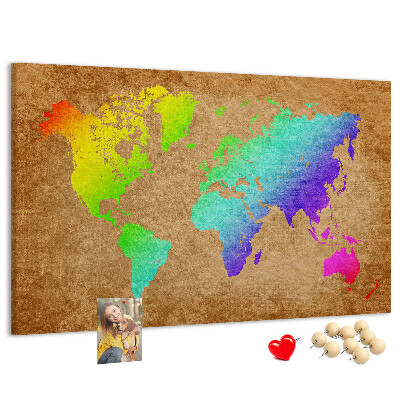 Korková nástenka na stenu Farebná mapa sveta na hnedom pozadí