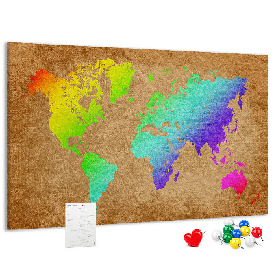 Korková nástenka na stenu Farebná mapa sveta na hnedom pozadí