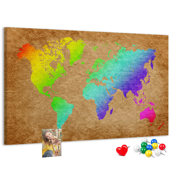 Korková nástenka na stenu Farebná mapa sveta na hnedom pozadí
