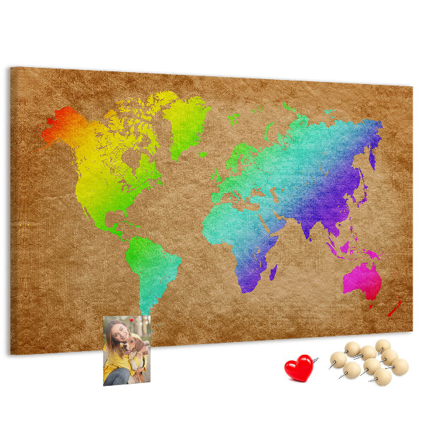 Korková nástenka na stenu Farebná mapa sveta na hnedom pozadí