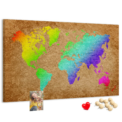 Korková nástenka na stenu Farebná mapa sveta na hnedom pozadí