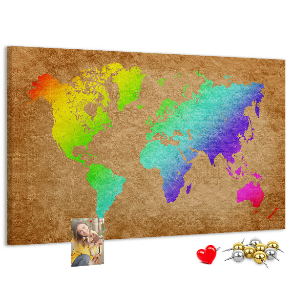 Korková nástenka na stenu Farebná mapa sveta na hnedom pozadí