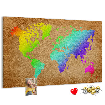 Korková nástenka na stenu Farebná mapa sveta na hnedom pozadí