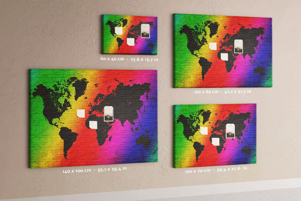 Korková nástenka na stenu Dúhová mapa sveta na farebnom pozadí