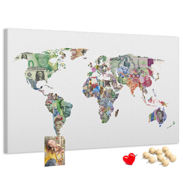 Korková nástenka na stenu Mapa sveta vyrobená z bankoviek z rôznych krajín