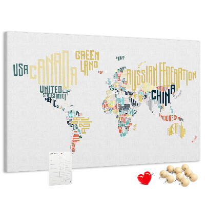 Korková tabuľa Mapa sveta s názvami krajín slovami