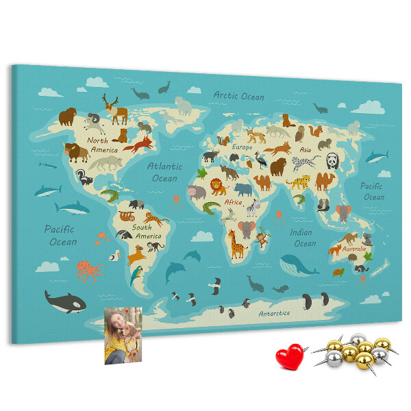 Korková tabuľa Mapa sveta s divými zvieratami