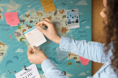 Korková tabuľa Mapa sveta s divými zvieratami