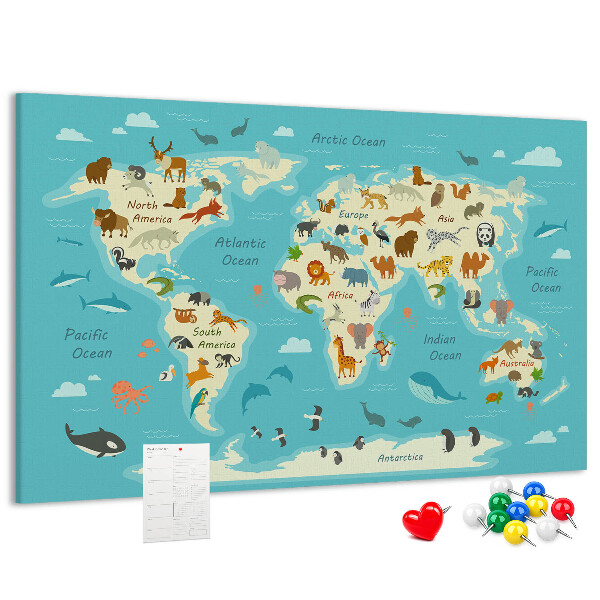 Korková tabuľa Mapa sveta s divými zvieratami