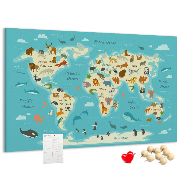 Korková tabuľa Mapa sveta s divými zvieratami