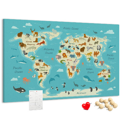 Korková tabuľa Mapa sveta s divými zvieratami