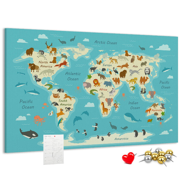 Korková tabuľa Mapa sveta s divými zvieratami