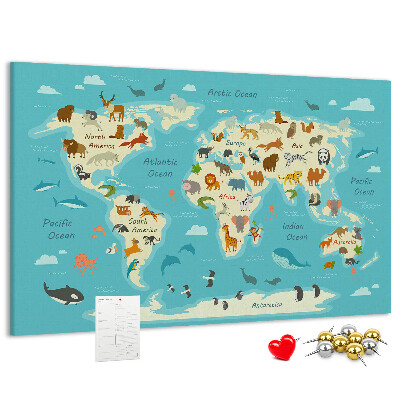 Korková tabuľa Mapa sveta s divými zvieratami