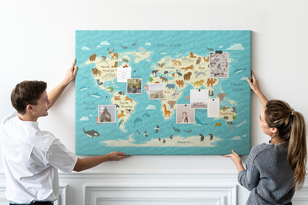 Korková tabuľa Mapa sveta s divými zvieratami