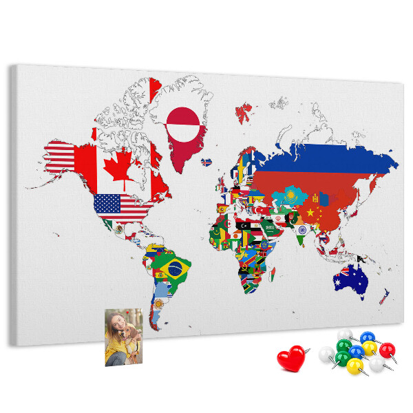 Korková nástenka na stenu Mapa sveta s vlajkami krajín